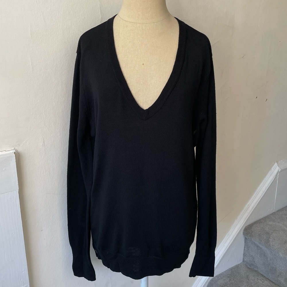 Brochu Walker Black Merino Wool V-Neck Side Button Long Sleeve Sweater Size S